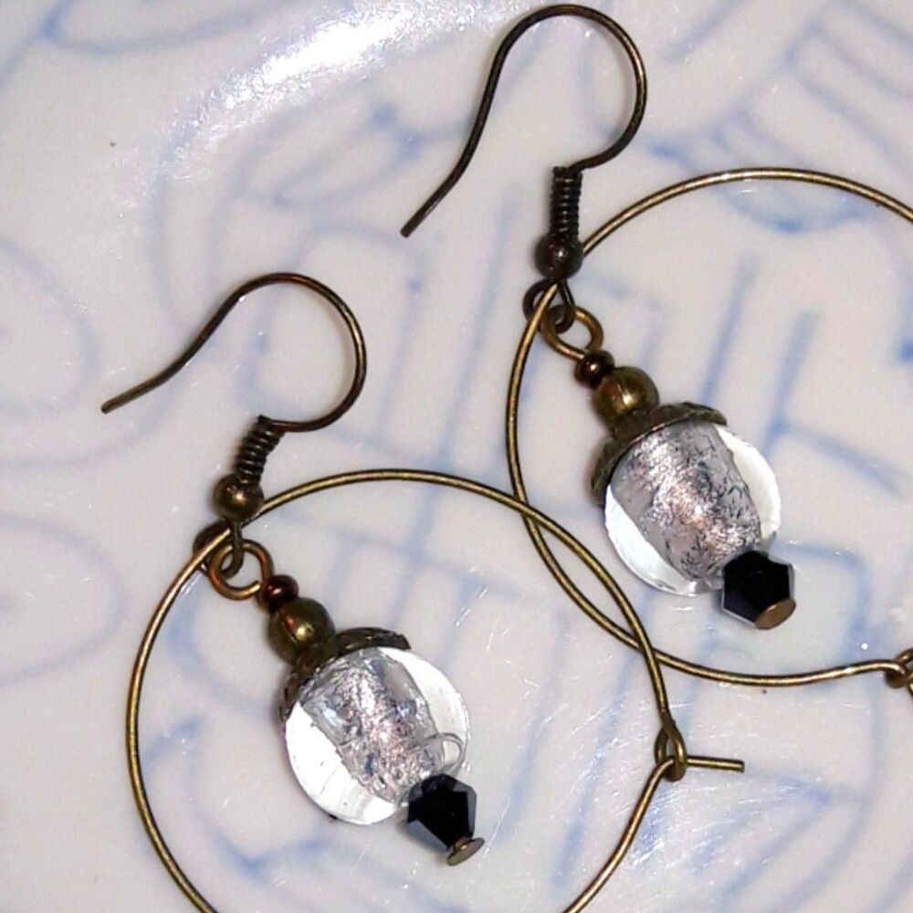 Silver Glass Antique Bronze Hooks Hidden Meaning earrings Poetcore Fairy  515■
